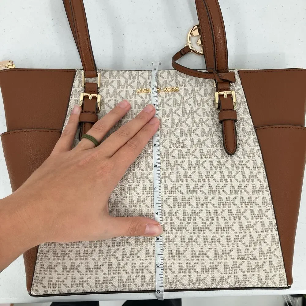 Michael Kors Cream Brown Vanilla Gold Monogram Charlotte Large TZ Tote Bag Purse